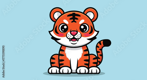 Cute cartoon tiger cub sitting with a happy expression, orange and black stripes.