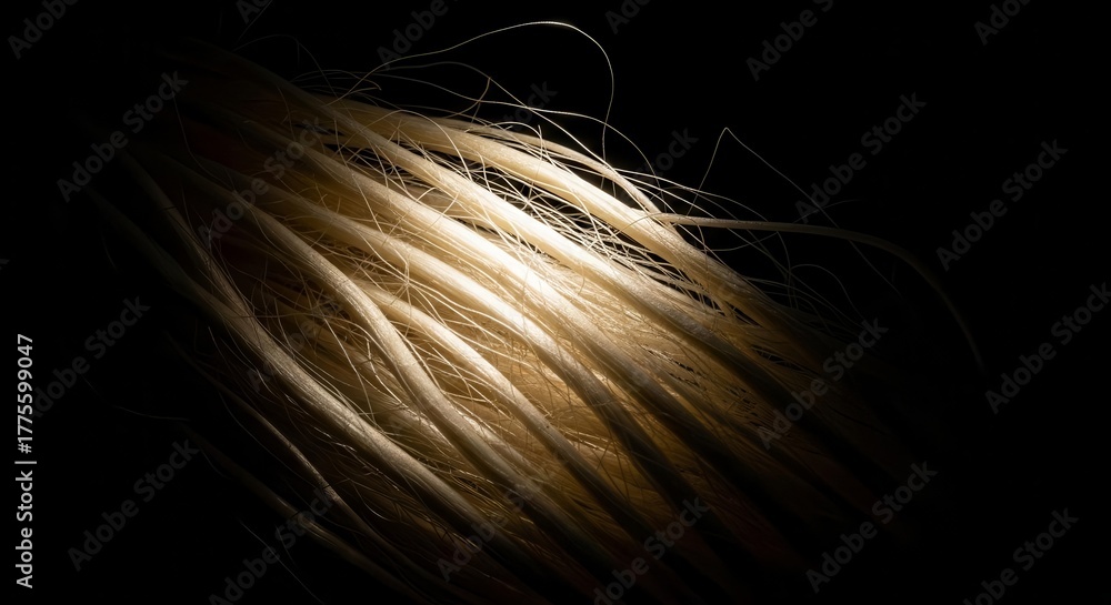 Fototapeta premium Dramatic Illuminated Hair Strands Against Black, Artistic Hair Texture Detail