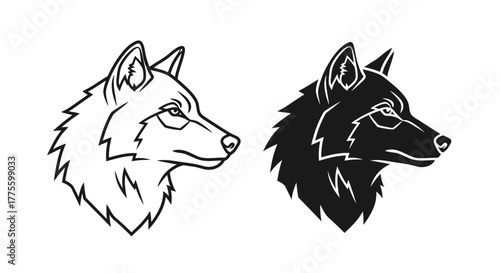 Two detailed side profiles of a wolf's head, one outlined and the other filled in black.