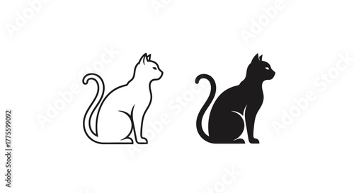 A minimalist illustration of a black cat in silhouette and a white outline of a cat sitting.