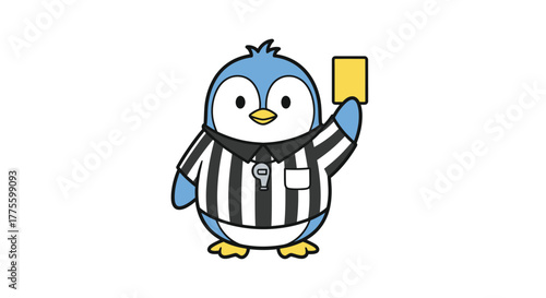 A cute cartoon penguin dressed as a soccer referee, holding up a yellow card to signal a foul or warning during a game.