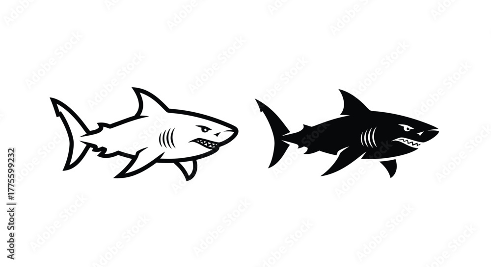 Obraz premium Two shark illustrations, one in outline and one in solid black.