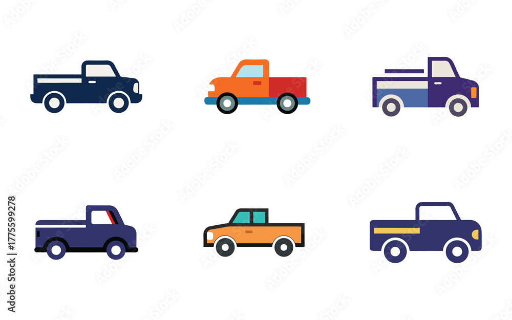 Fototapeta premium Colorful Cartoon Pickup Truck Vector Illustrations Set Perfect for Childrens Books and Educational Resources showcasing vehicle variety and transport themes