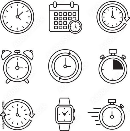 Time icons collection: clocks, calendar, stopwatch, and wristwatch