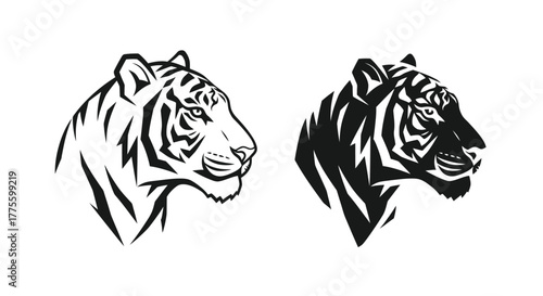 Two stylized tiger head illustrations, one in black and white, showcasing detailed stripes and facial features.