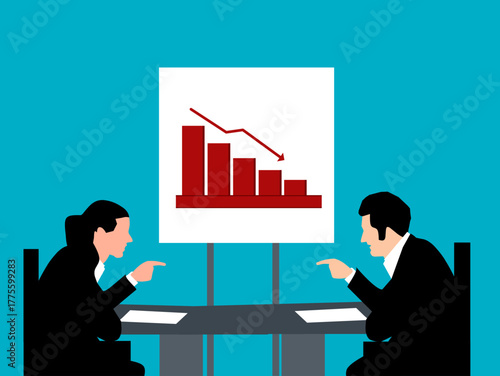 Business Decline & Blame Game: Professionals Pointing Fingers at Falling Performance Chart in a Meeting