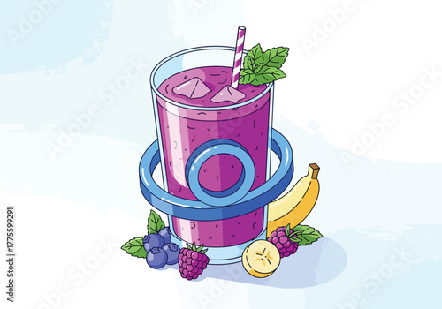 Refreshing berry smoothie with ice cubes, mint, and fresh fruit.