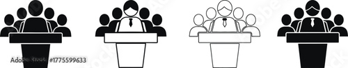 Four silhouette figures standing behind lecterns with audience silhouettes behind them