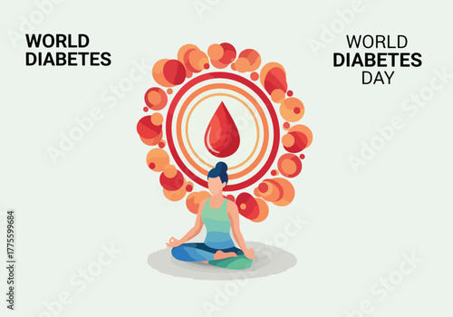 Illustration for World Diabetes Day featuring a woman in yoga pose with a blood drop symbol.