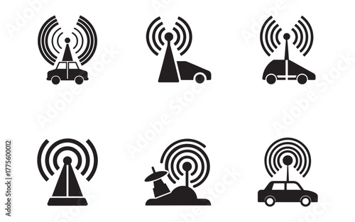 Connected Car Technology and Wireless Communication Vector Icons Demonstrating Automotive Connectivity and Smart Transportation Solutions