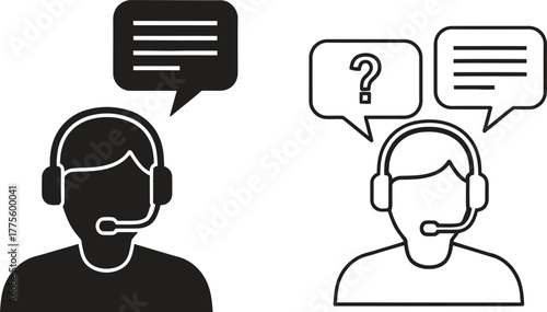 Customer service agent with headset and speech bubbles showing questions and answers or communication