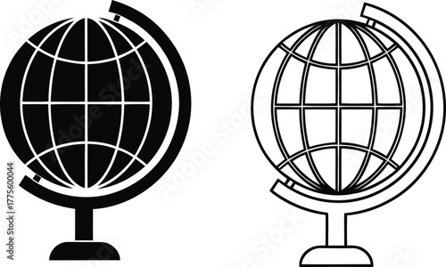 Two stylized globes on stands one solid black silhouette and one outline graphic representation