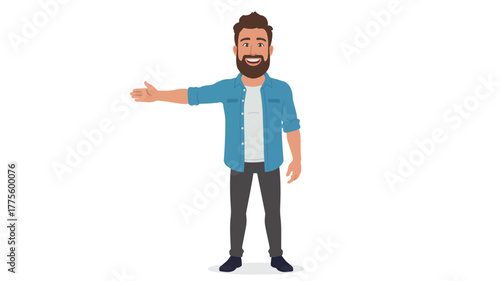 Man with beard wearing blue shirt and grey pants