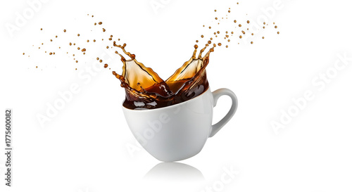 Hot dark espresso splashing vigorously out of a tipping white porcelain cup, creating an energetic spray of droplets on an isolated white background