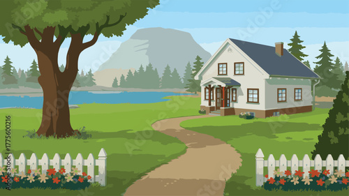 A charming house with a white picket fence and a scenic landscape