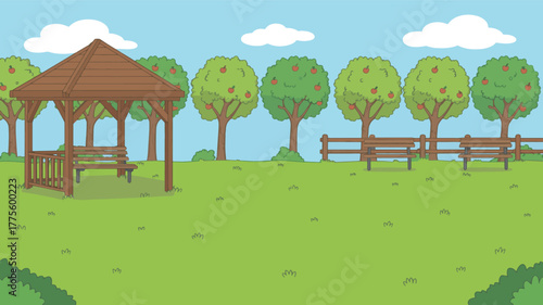 A park scene with a gazebo, benches, and trees under a blue sky