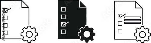 Three stylized icons representing a checklist or to do list with a gear symbol indicating process or settings
