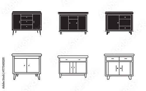 Different Cabinet Styles in Black and White Outlines Furniture Designs for Modern Interior Decor and Home Furnishing with Stylish Storage