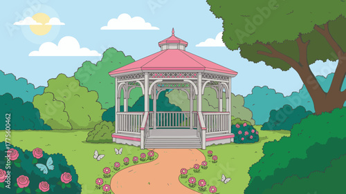 A beautiful gazebo in a lush garden with roses and butterflies