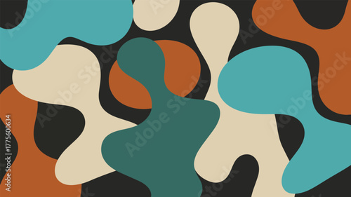Abstract organic shapes in muted teal, cream, and rust colors