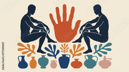 Two silhouettes sitting with a large hand and pottery