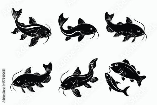 Minimal Black Fish Silhouette Icons. Catfish, Carp, and Koi Vector Set for Logo and Print.