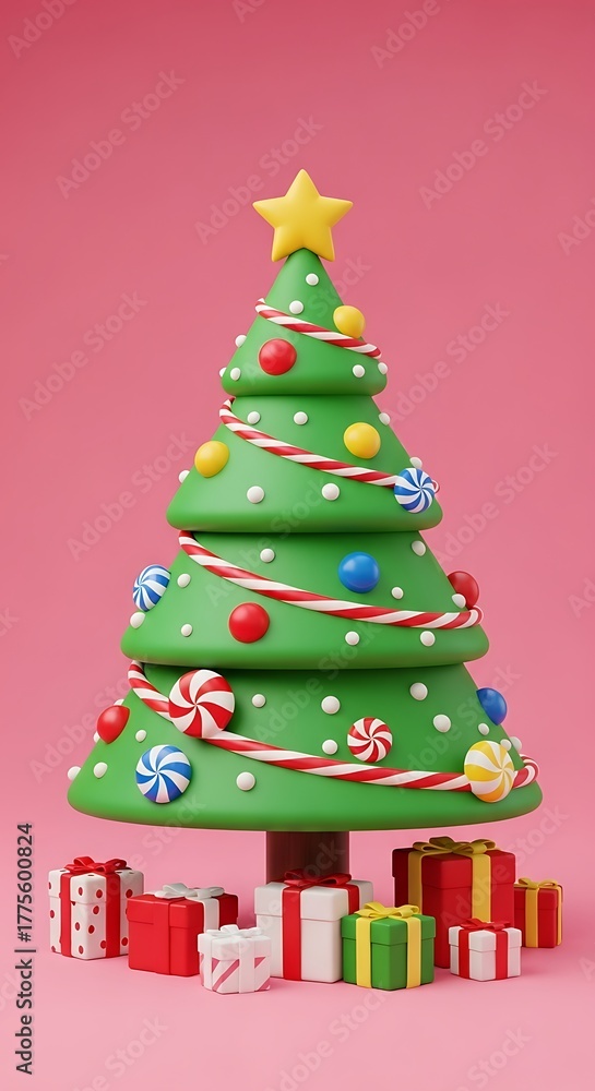 Fototapeta premium Festive Christmas Tree with Gifts and Candy Canes.