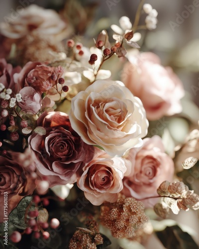 Close-up bouquet of roses and decorative plants with soft light, elegant detailed and romantic with space for text.