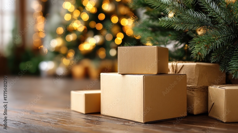 Naklejka premium stacked cardboard box near a bright christmas tree holiday gift box delivery and new year shipping concept seasonal festive parcel