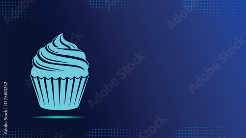 Trendy Neon Cupcake Graphic On Blue Gradient Background with Dotted Accents for Menu Design, Digital Marketing, and Themed Party Invitations