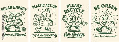 Vintage eco mascot posters promoting recycling, green living and environmental awareness