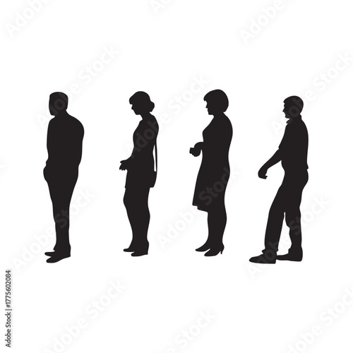 Diverse group of adult men and women standing in a disciplined queue, represented by striking black minimalist silhouettes on a clean white background, symbolizing waiting or communal activity