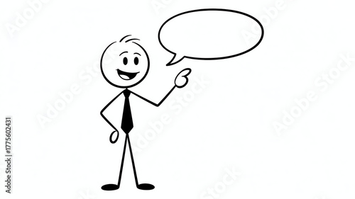 Stick figure businessman with tie and speech bubble isolated on white background