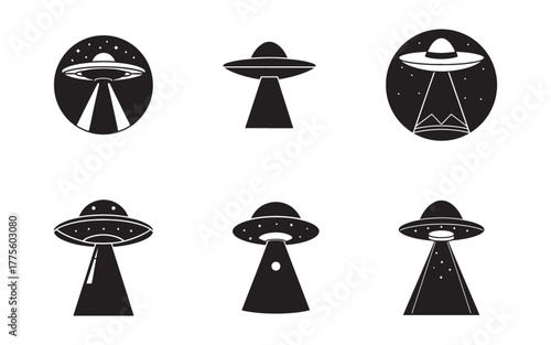 Flying Saucer and UFO Silhouettes Vector Illustration Collection Exploring Extraterrestrial Concepts and Alien Invasion Ideas for Creative Projects