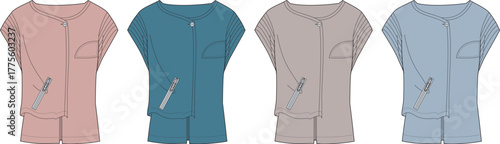 Collection of comfortable women's loungewear sets in various pastel colors, presented as detailed fashion design technical drawings, ideal for sleepwear or relaxed home attire