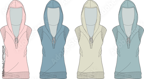 Fashion flat sketch collection of a women's sleeveless hoodie vest with a front zipper. A stylish apparel template for modern casual and sportswear design