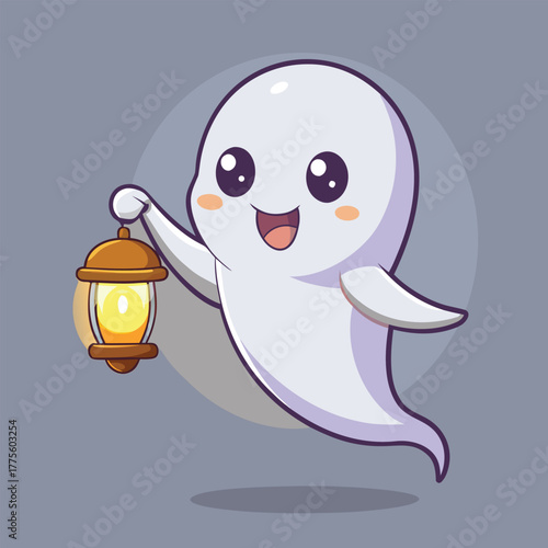 Happy Cute Ghost Holding Lantern – Adorable Halloween Spirit Illustration