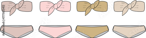Collection of soft lace bikini briefs and matching bow-tie bandeaus in various neutral tones