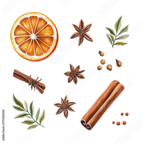 Seamless watercolor Christmas pattern with oranges, cinnamon, greenery, and spices. Festive citrus Christmas background.