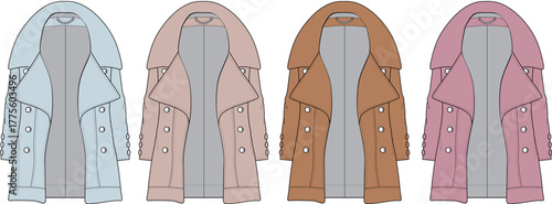 Collection of four fashionable women's trench coats in pastel and earth tone colorways, showcasing stylish outerwear options