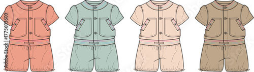 Men's casual summer outfits Technical fashion flats of short-sleeved jackets and matching shorts in diverse pastel colors for apparel design concepts