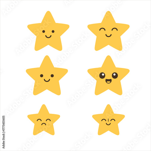 Collection of six adorable yellow cartoon stars displaying various cute and expressive Hawaii faces