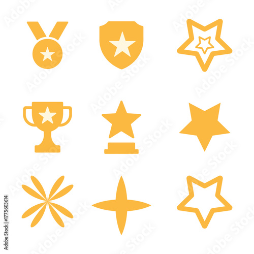 Collection of golden award icons featuring medals trophies stars and shields for recognition and achievement