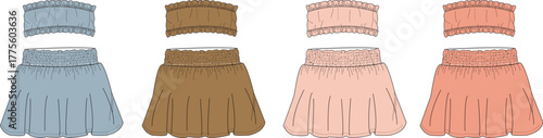Fashion vector illustration featuring multiple color variations of a comfortable and trendy strapless ruffled crop top and matching mini skirt outfit