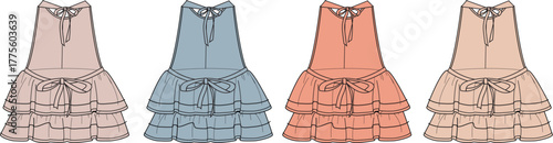 Elegant Dress Designs in Various Pastel Colors with Ruffled Hemlines and Bow Accents