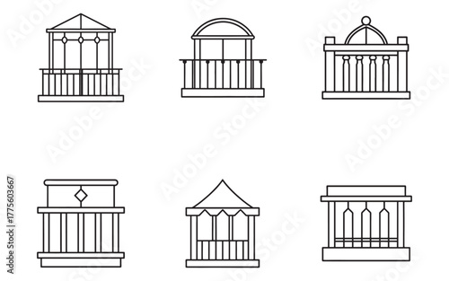 Line art collection of balconies and terraces in different architectural styles vector illustration for design and decoration ideas