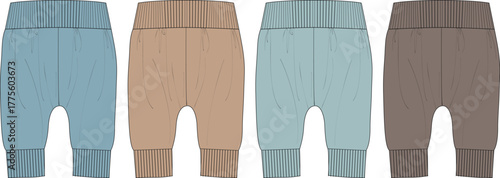 Four pairs of baby harem pants in different solid colors, displayed against a white background