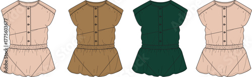 Fashion design concept showcasing a versatile women's romper, presented in multiple colors, highlighting casual elegance and comfortable style perfect for everyday wear