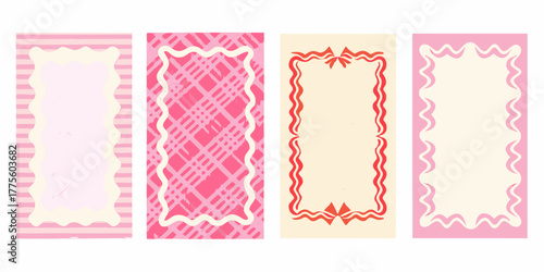 Collection of four decorative vertical frames with pink and cream color palette and abstract patterns