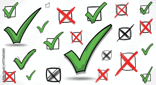 Hand-drawn check marks and crosses green ticks and red x symbols voting isolated on white background